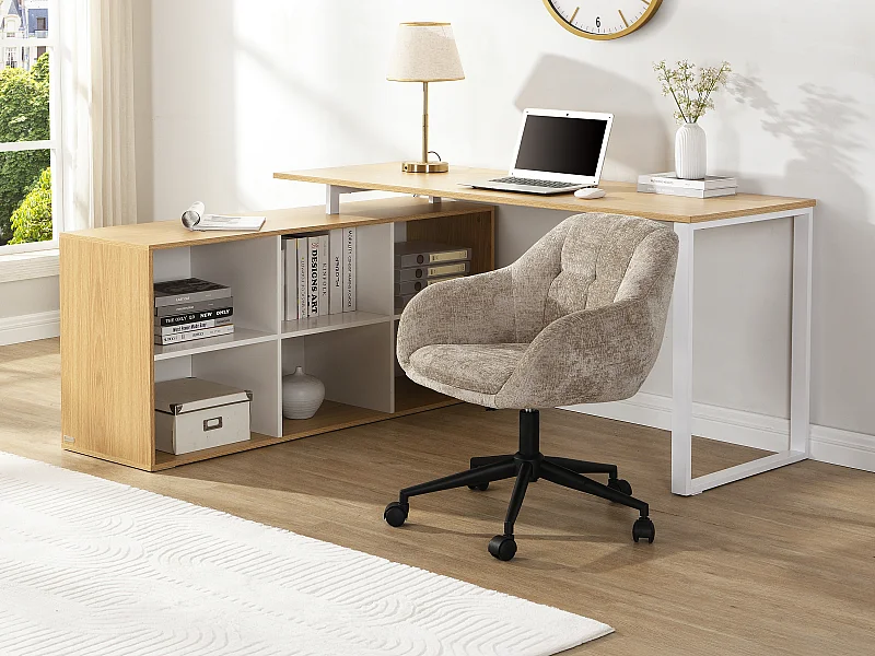 Bureau d'angle avec rangements - MDF - Blanc et naturel - NIPILI