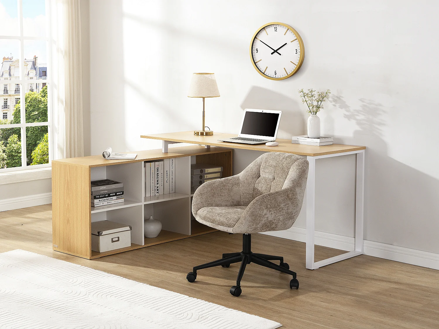Bureau d'angle avec rangements - MDF - Blanc et naturel - NIPILI