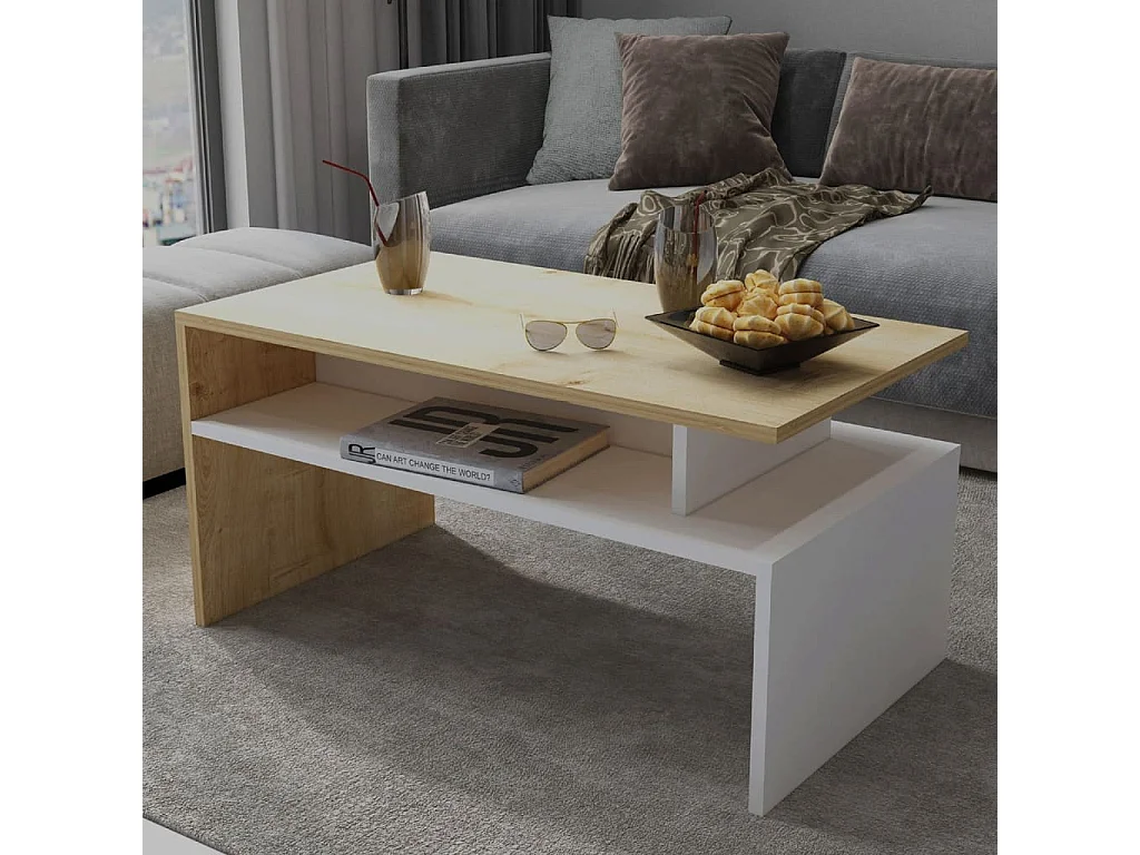 Table basse Ada 90x50x43 cm Blanc et chêne