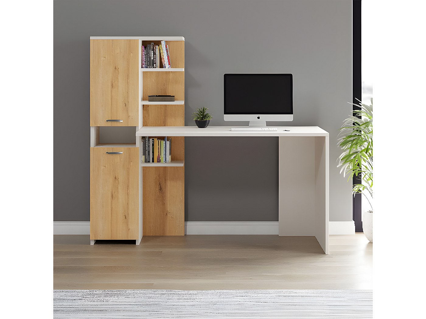 Scrivania Lorena Con Ripiano E 2 Porte – Rovere Bianco E Dorato, 150x120x59 Cm, Truciolato 16 Mm