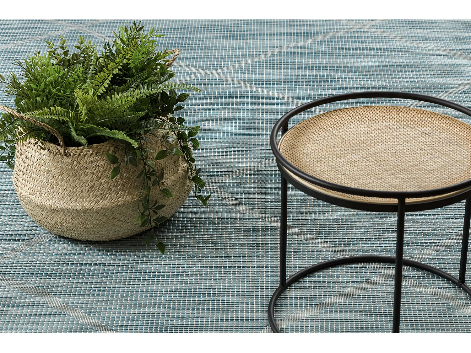 Teppich SISAL PATIO 3075 Diamanten flach gewebt - wasserblau 194x290 cm