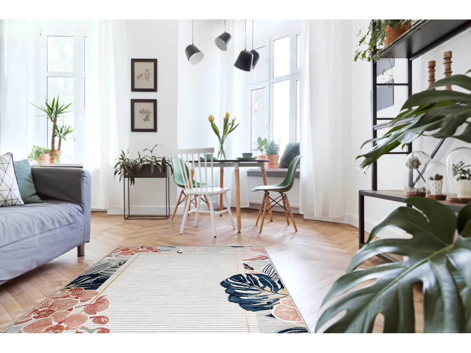 Tapis Structurel BOTANIC 65240 Flamant rouge, feuilles tissé à plat  157x220 cm