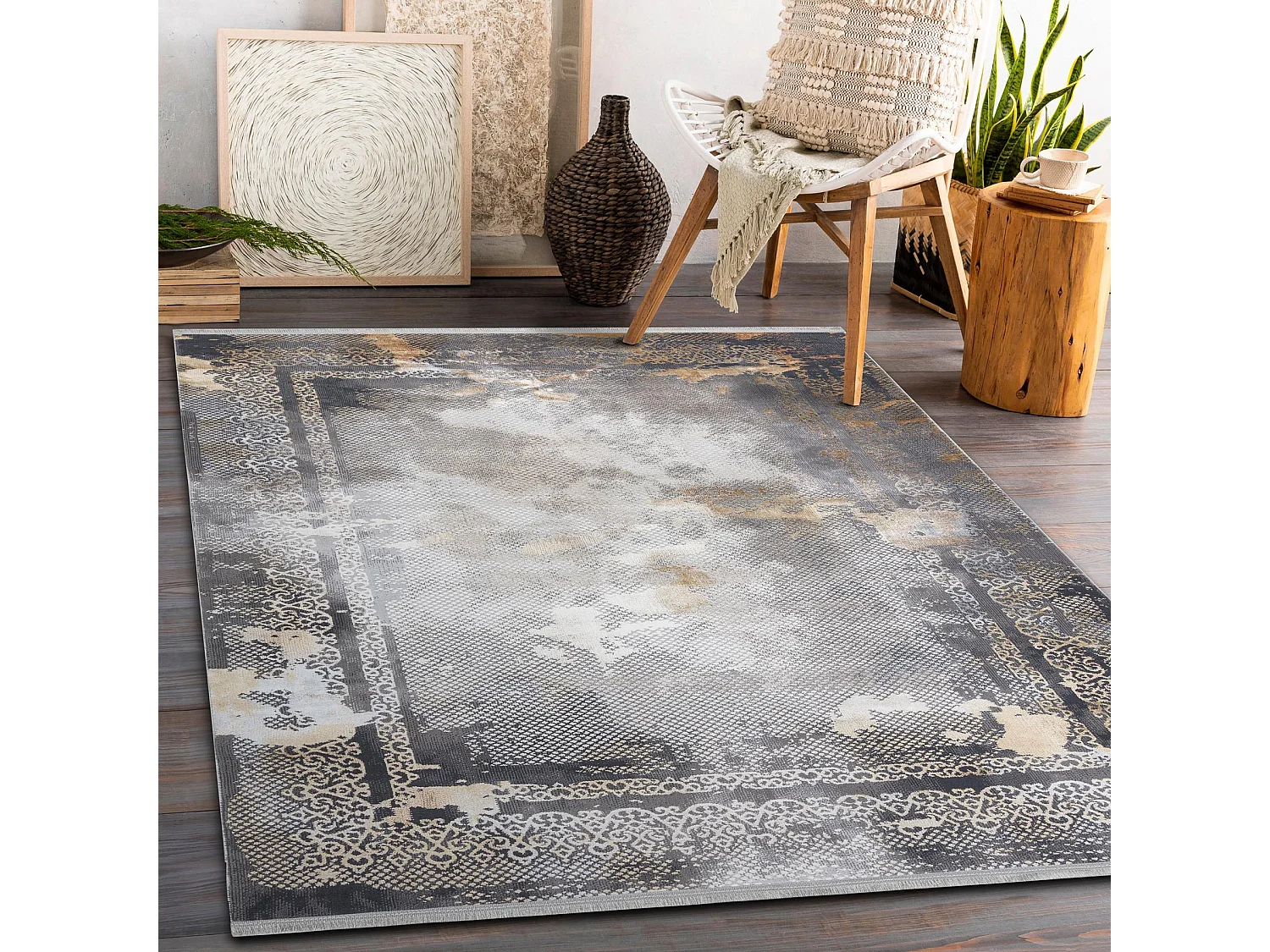 Tapis LUCE 77 moderne Cadre vintage - Structural gris / moutarde 154x220 cm