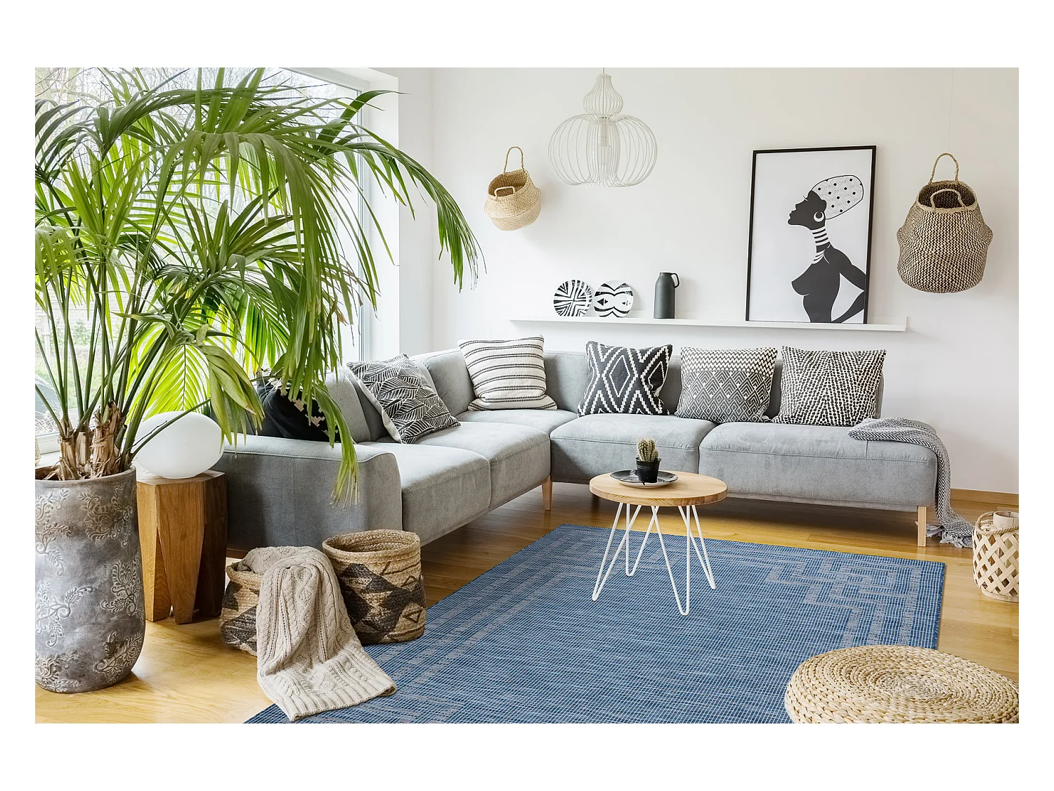 Tapis SIZAL PATIO 3071 grec tissé à plat bleu foncé / beige 194x290 cm