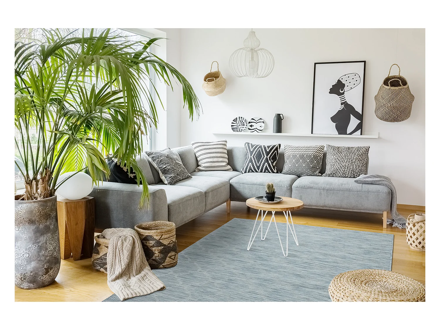 Tapis SIZAL PATIO 3069 Treillis marocain tissé à plat - bleu aqua 194x290 cm