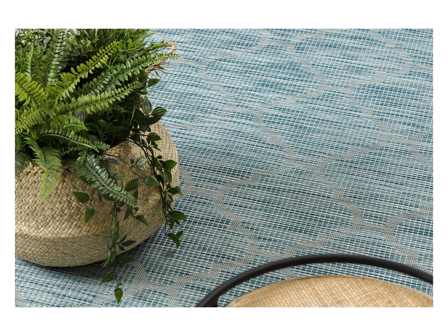 Tapis SIZAL PATIO 3069 Treillis marocain tissé à plat - bleu aqua 194x290 cm