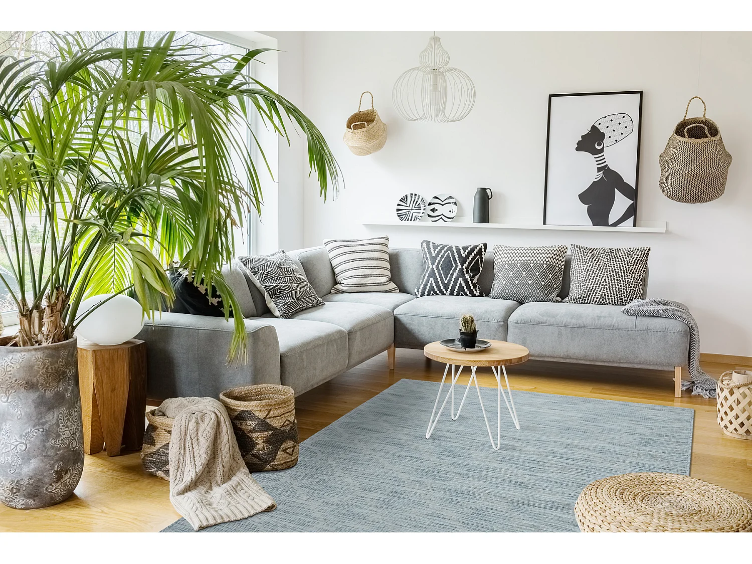 Tapis SIZAL PATIO 3069 Treillis marocain tissé à plat - bleu aqua 194x290 cm