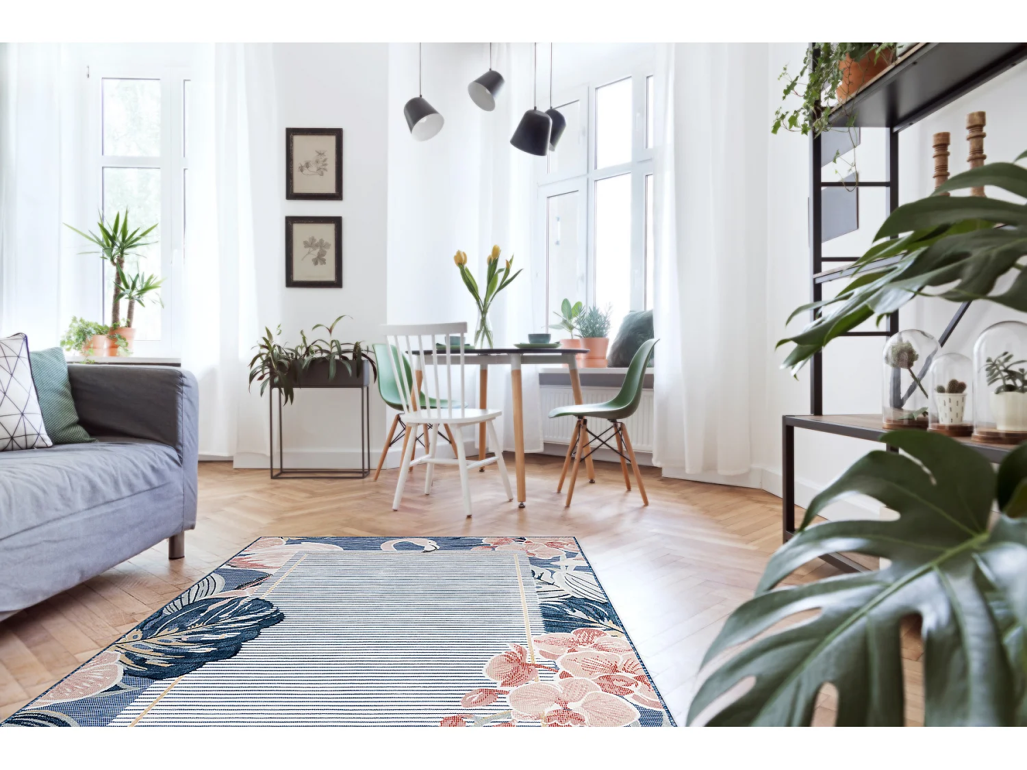 Tapis Structurel BOTANIC 65240 Flamant rouge, feuilles tissé à plat  176x270 cm