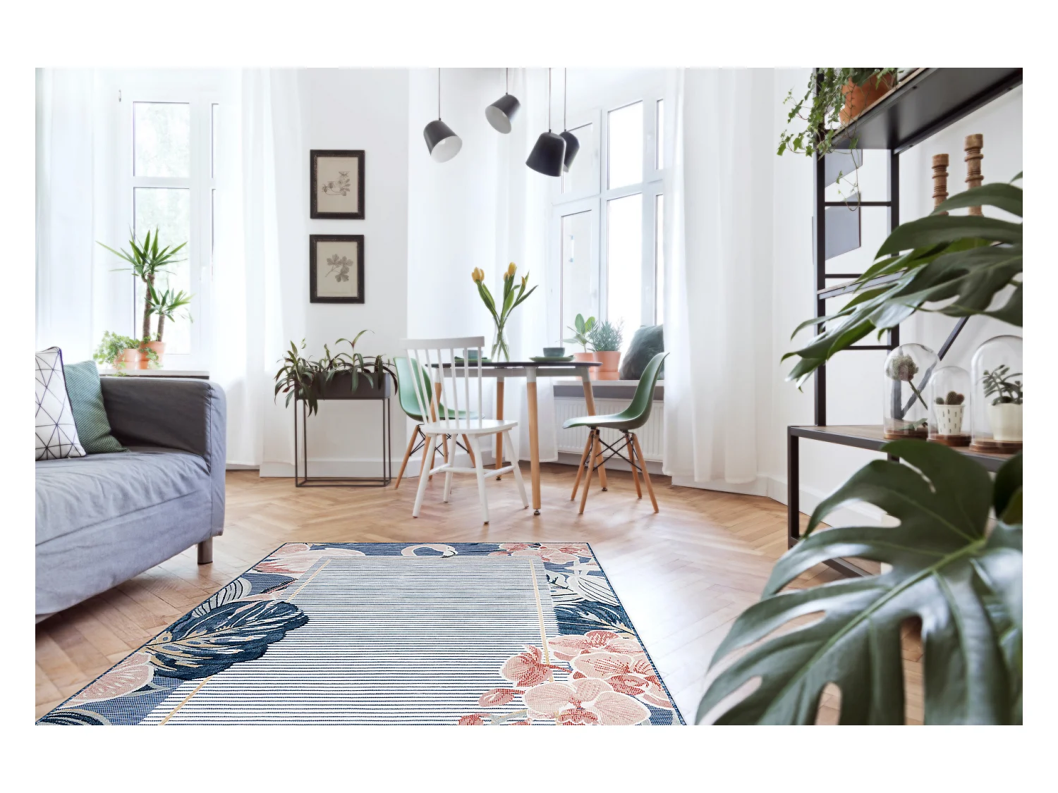 Tapis Structurel BOTANIC 65240 Flamant rouge, feuilles tissé à plat  157x220 cm