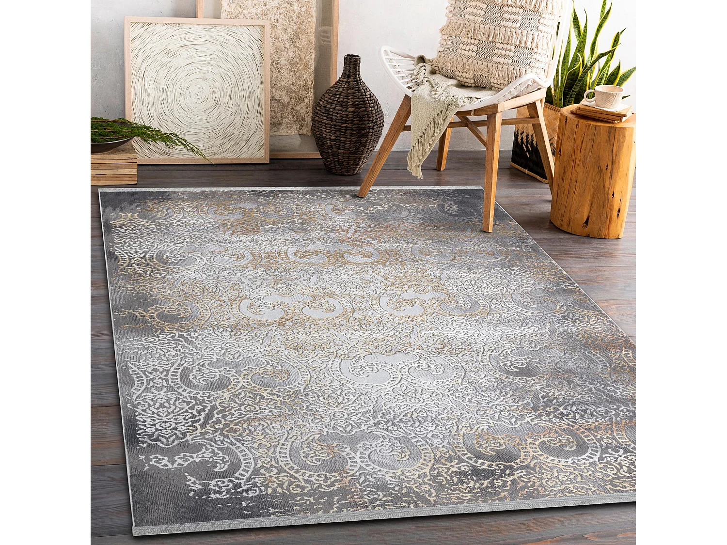 Tapis LUCE 84 moderne Ornement vintage - Structural gris / moutarde 173x270 cm