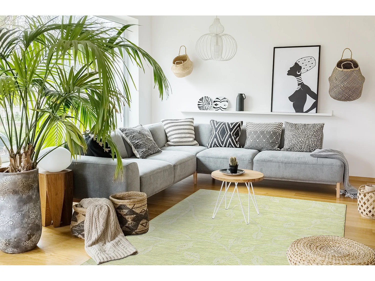 Tapis SIZAL PATIO 3045 feuilles tissé à plat vert / beige 194x290 cm