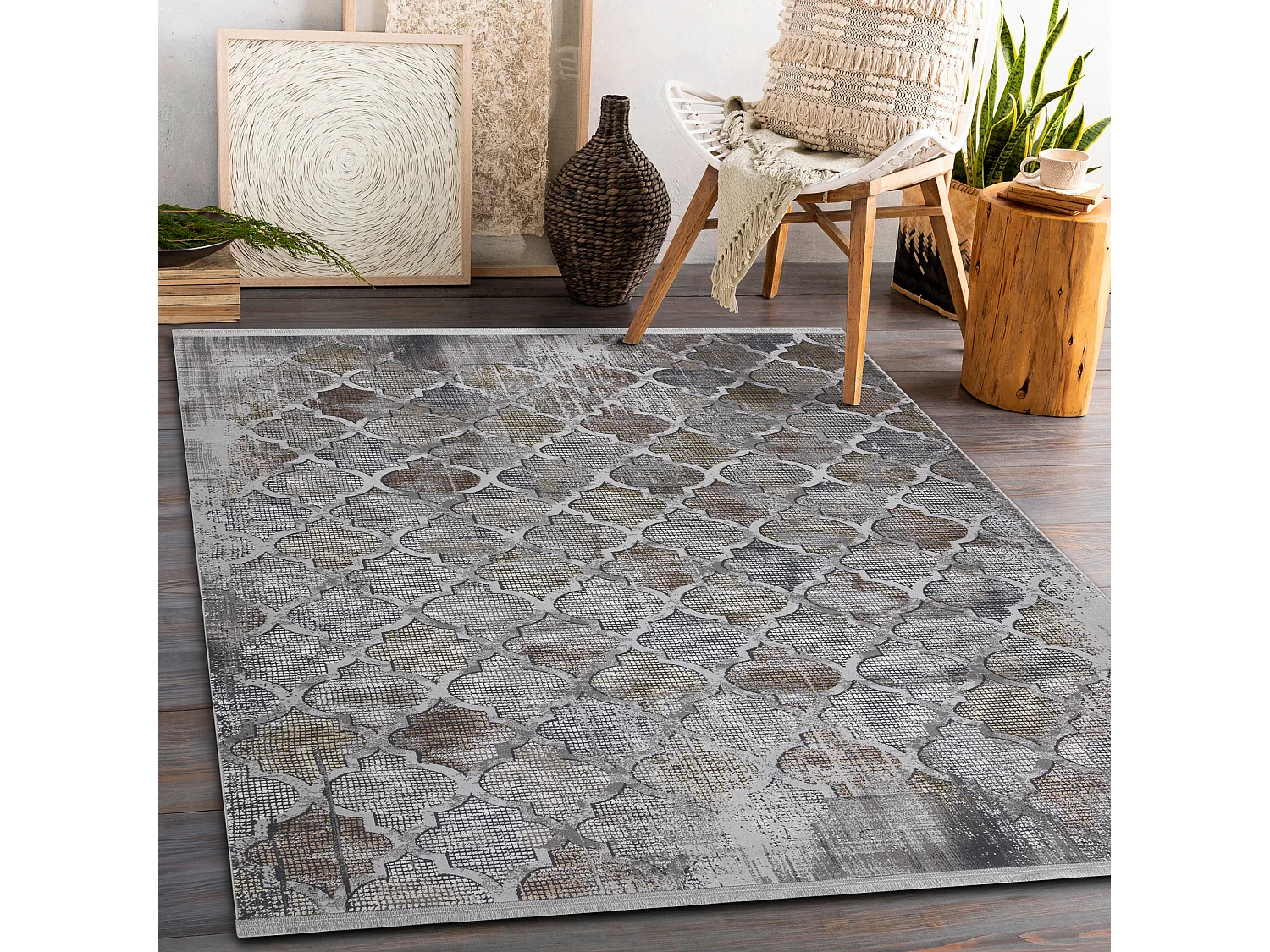 Tapis LUCE 75 moderne marocain Trellis vintage - Structural gris / mou 154x220 cm
