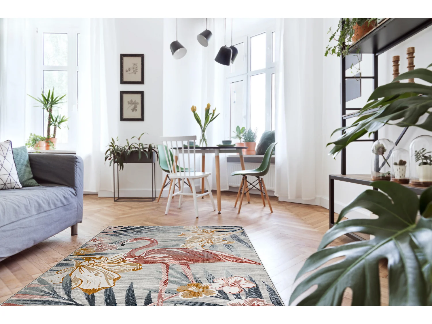 Tapis Structurel BOTANIC 65263 Flamant fleurs, feuilles tissé à plat 176x270 cm