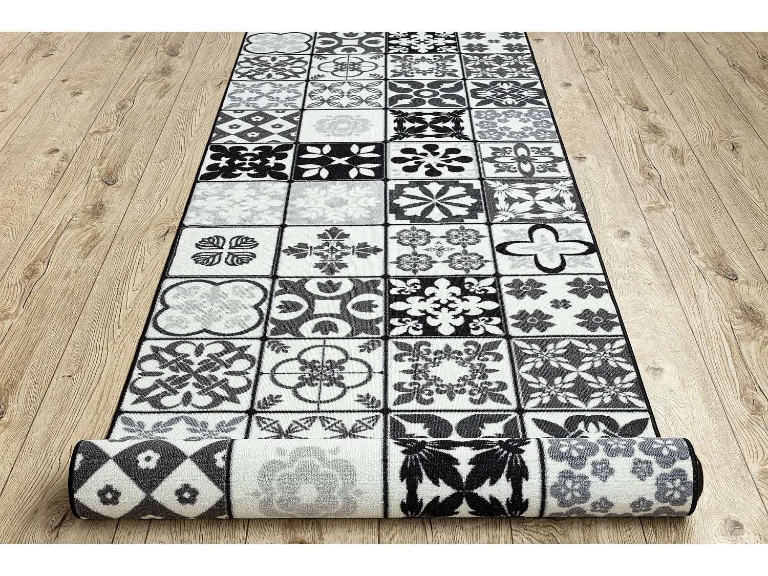 Läufer Antirutsch AZULEJO PATCHWORK, LISSABONFLIESEN grau / schwarz 57x420 cm