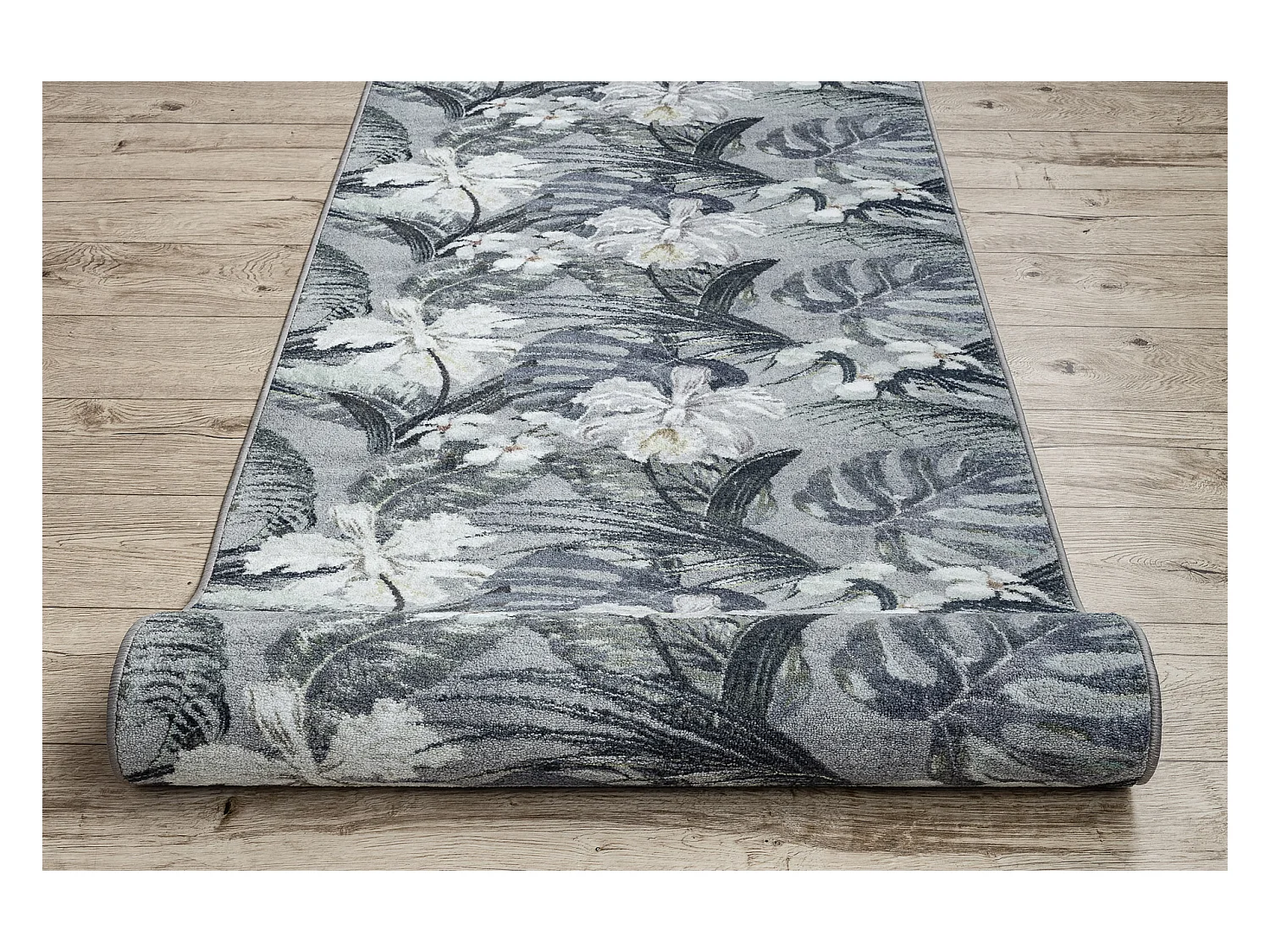 Loper antislip MONSTERA Bladeren, gom grijs 80x650 cm