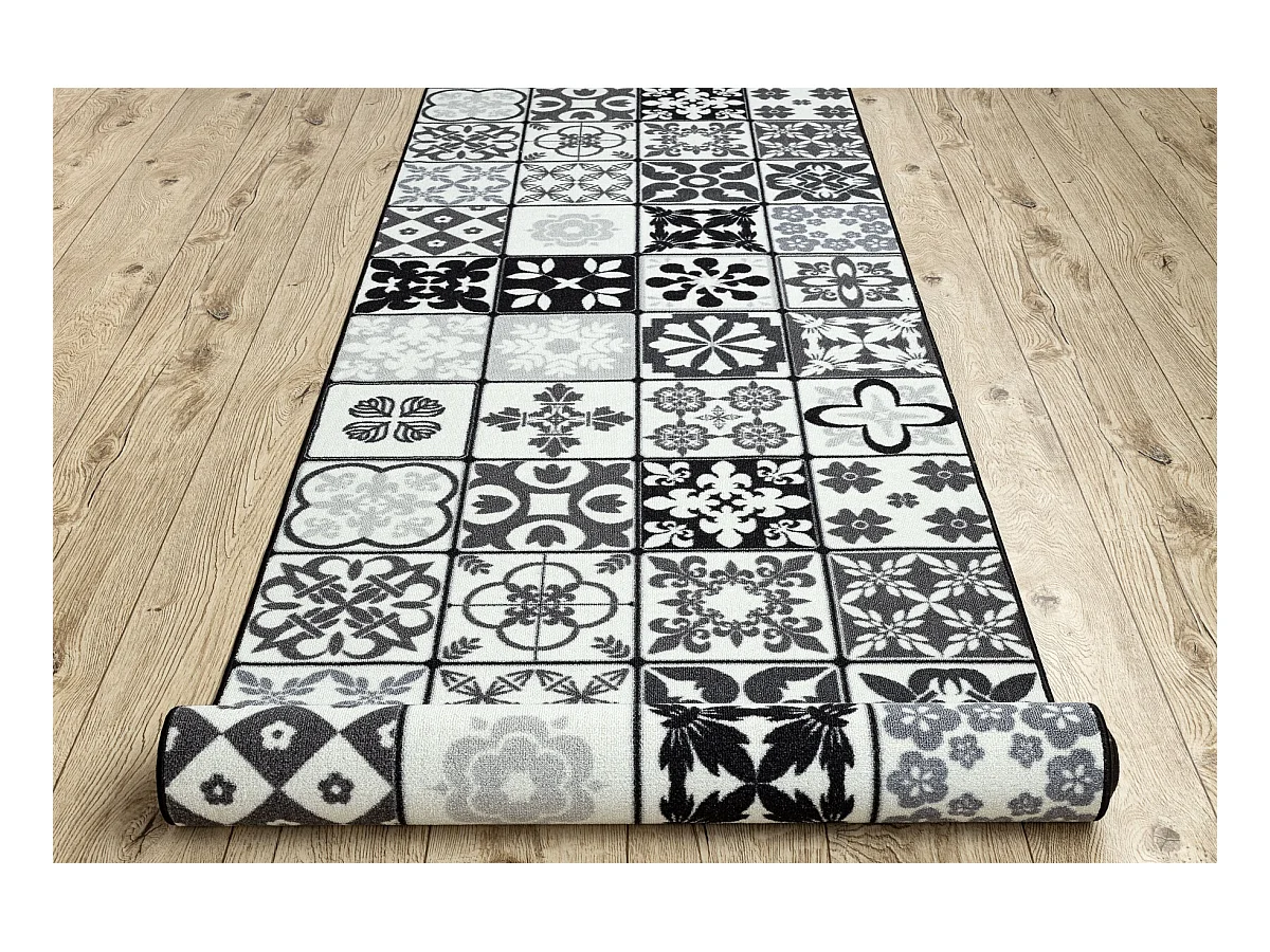 PASSATOIA gommata AZULEJO PATCHWORK, PIASTRELLE DI LISBONA grigio / ne 57x350 cm