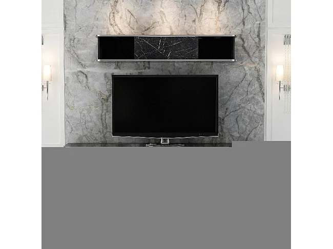 Mobile porta Tv con pensile effetto marmo nero particolari argento Bientv 180