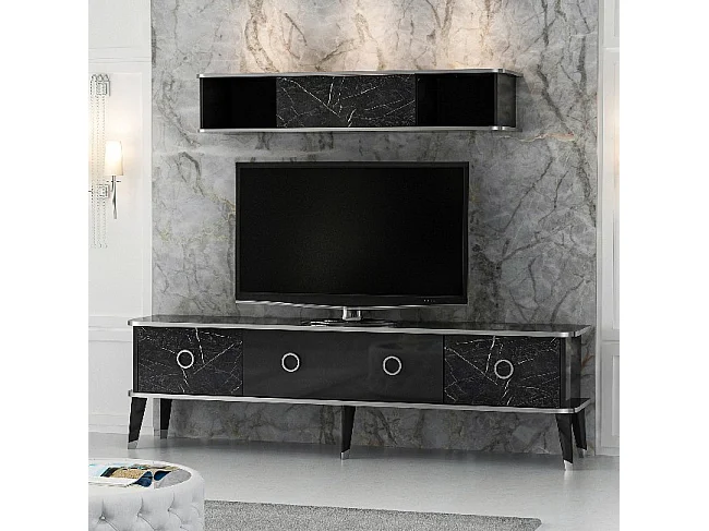 Mobile porta Tv con pensile effetto marmo nero particolari argento Bientv 180