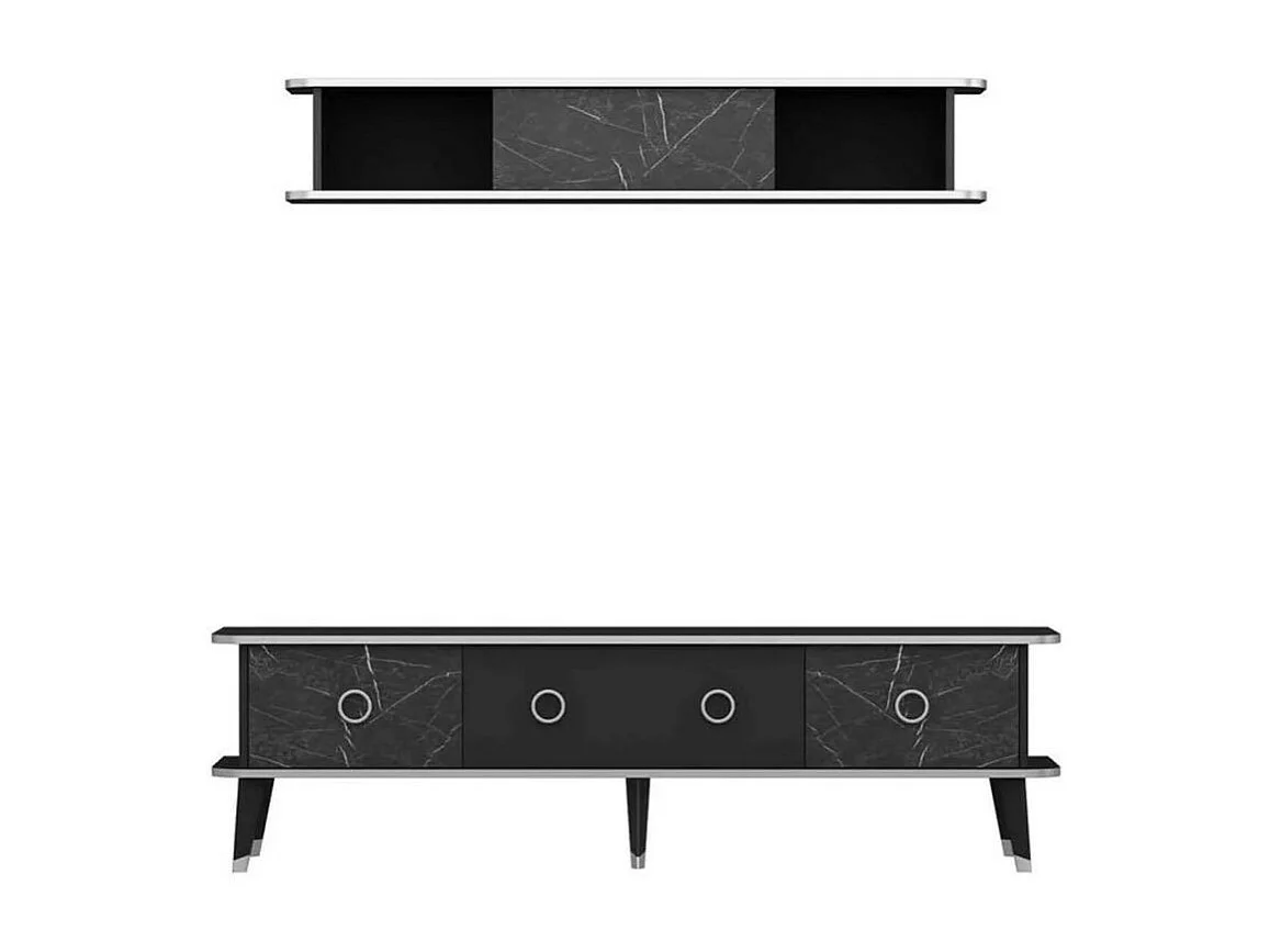 Mobile porta Tv con pensile effetto marmo nero particolari argento Bientv 180