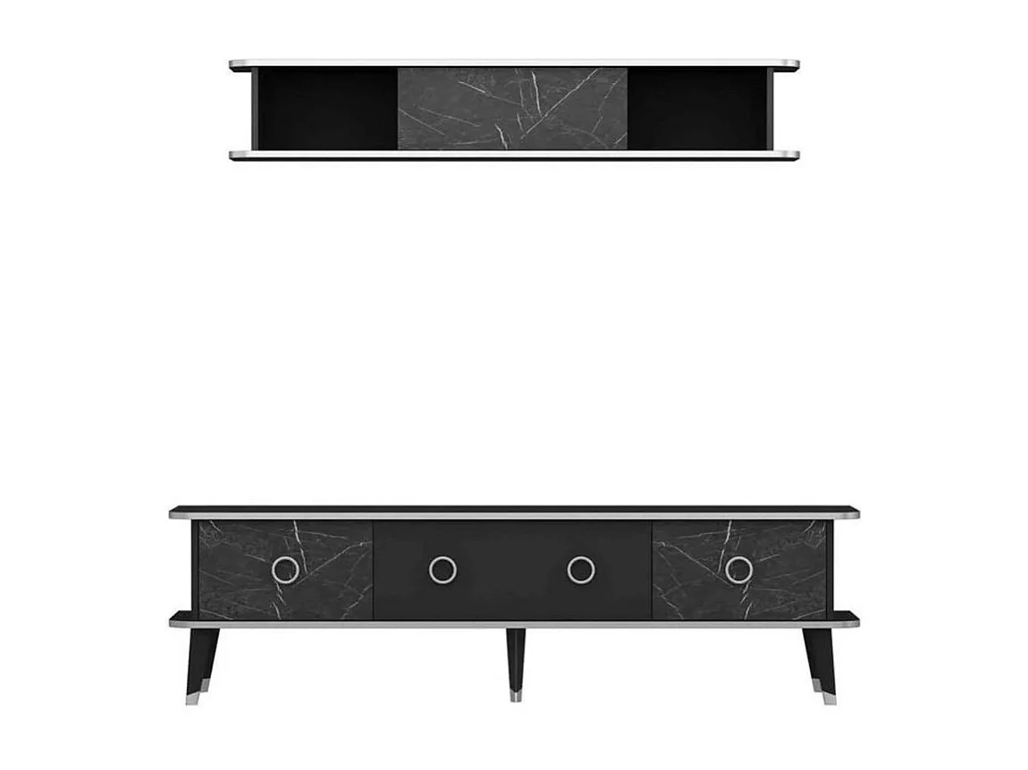 Mobile porta Tv con pensile effetto marmo nero particolari argento Bientv 180