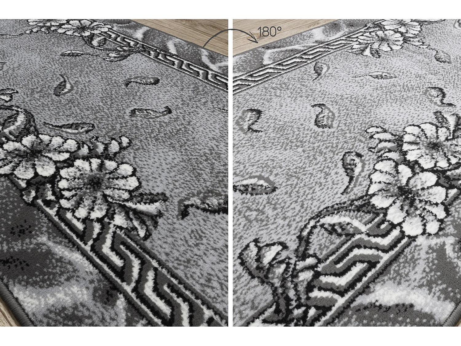 TAPIS DE COULOIR BCF MORAD Trio fleurs, feuilles gris 100x390 cm