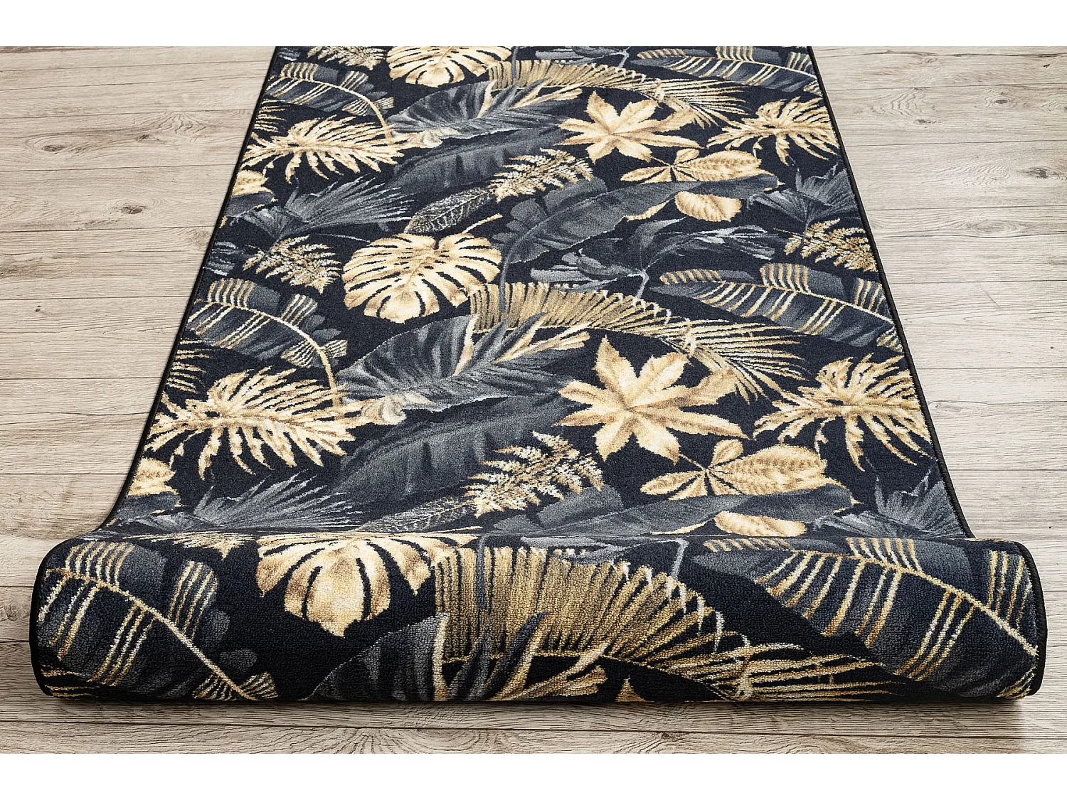 Loper antislip MONSTERA Bladeren, gom goud  80x990 cm