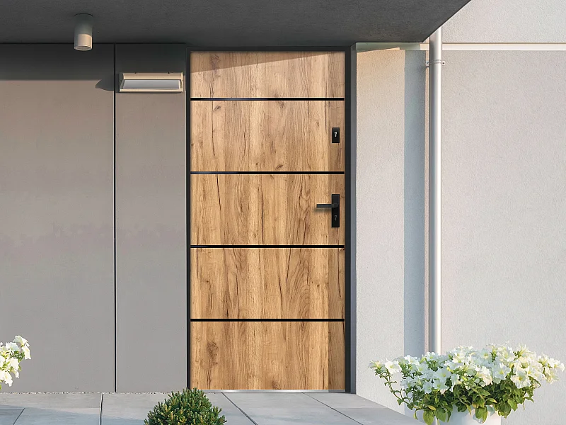 Porte d'entrée en acier pleine et inox H207 x L100 cm effet chêne - poussant gauche - NAXARA