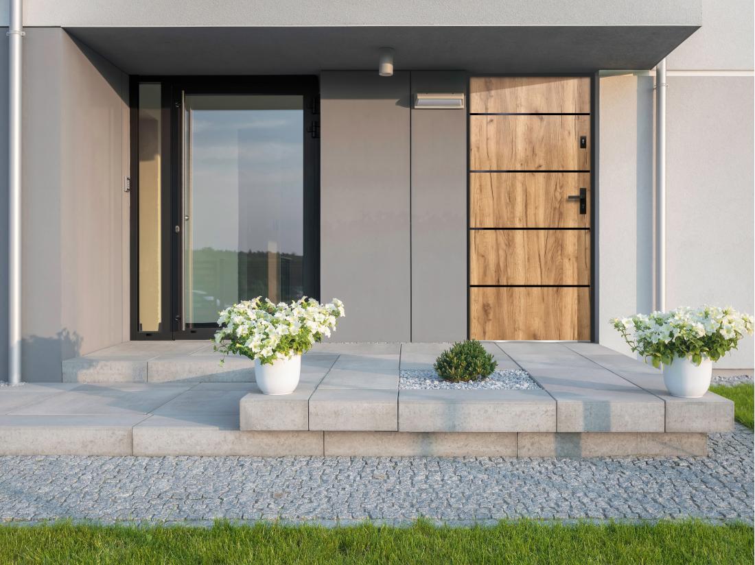 vente unique Porte d'entrée en acier pleine et inox H207 x L100 cm effet chêne - poussant gauche - NAXARA