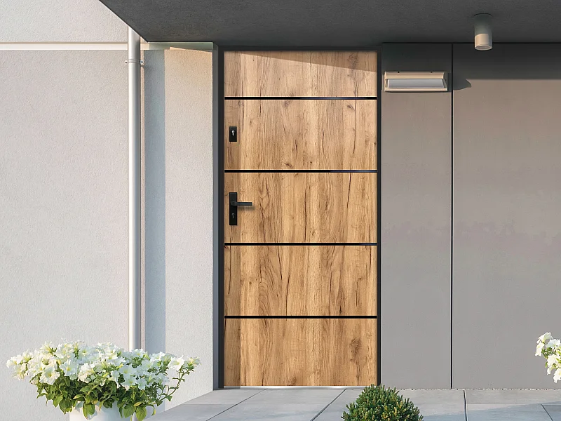 Eingangstür mit Türanschlag rechts - 207 x 100 cm - Stahl & Edelstahl - Eichefarben - NAXARA