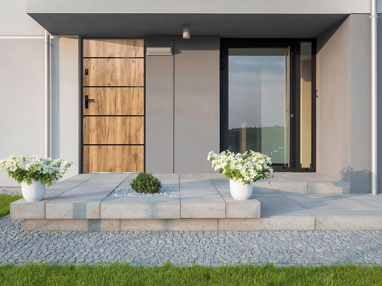 Eingangstür aus Stahl, voll und Edelstahl H207 x B100 cm Eichenoptik - Stärke 55 mm - DIN rechts - NAXARA