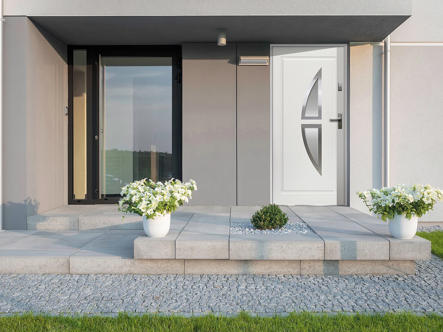 Porte d'entrée en acier vitrée avec inox H207 x L100 cm blanc - épaisseur 55 mm - poussant gauche - COVAS