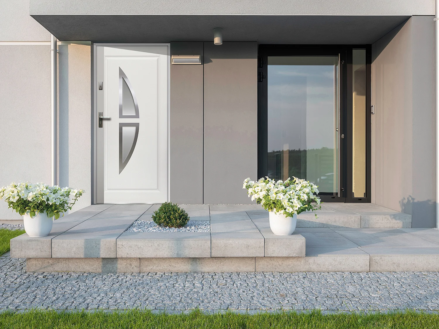 Porte d'entrée en acier vitrée avec inox H207 x L100 cm blanc - épaisseur 55 mm -  poussant droit - COVAS