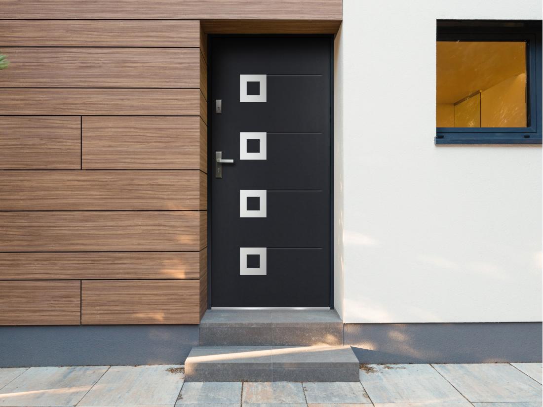 vente unique Porte d'entrée en acier avec inox H207 x L100 cm anthracite - poussant droit - TIFANA