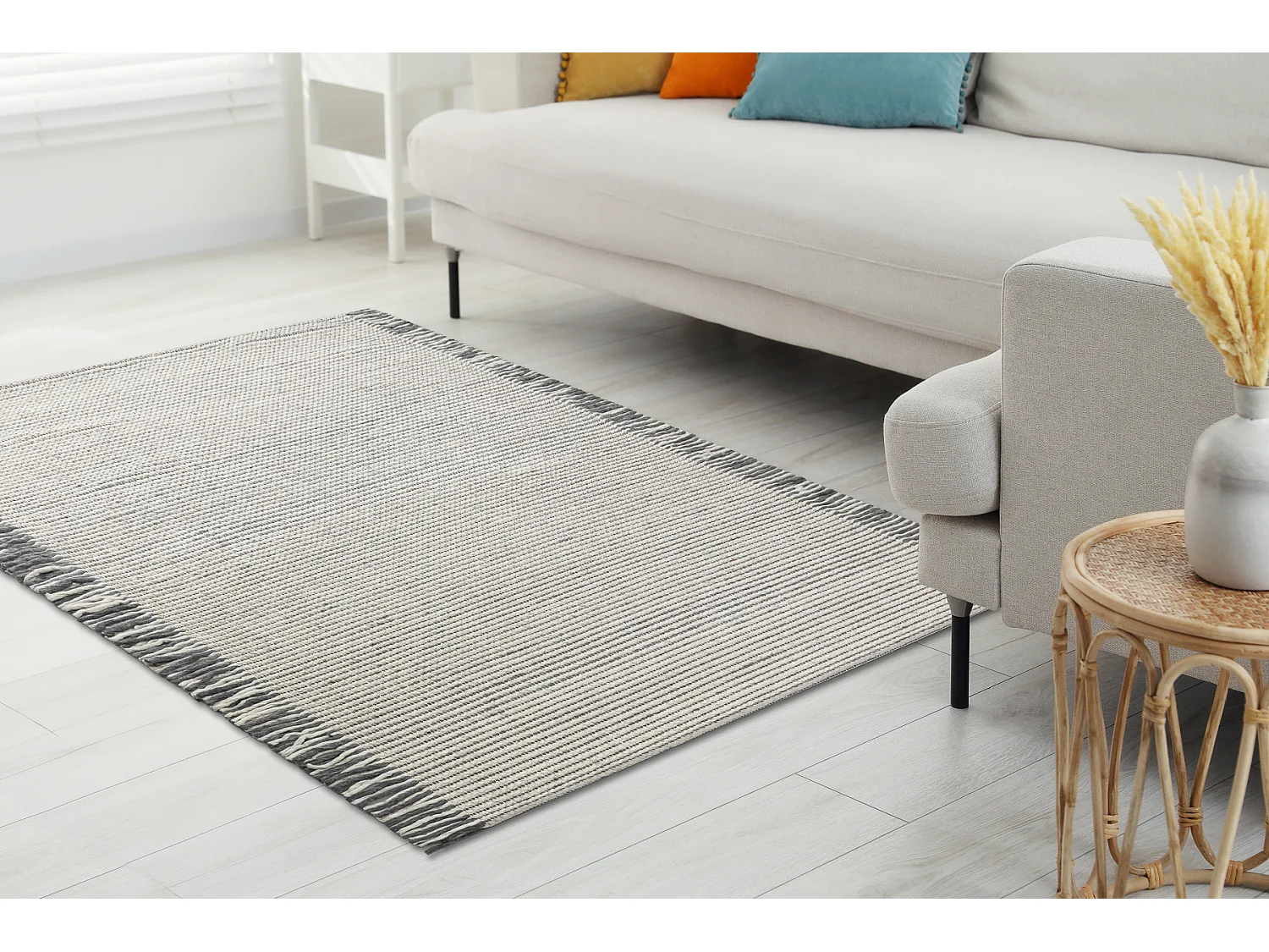 Wollteppich TAHAR 99003F Creme / grau - HANDGEWEBT Linien, Fransen  200x290 cm