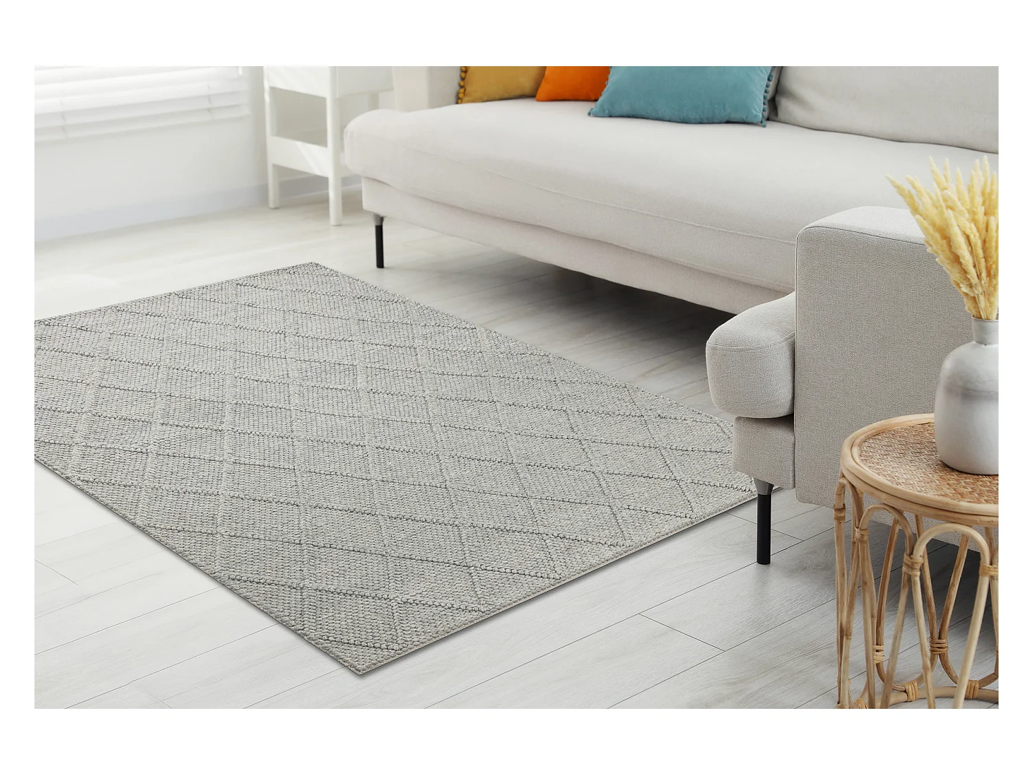 Wollen tapijt TAHAR 99001G grijs - HANDGEWEVEN lus, ruiten, boho 200x290 cm