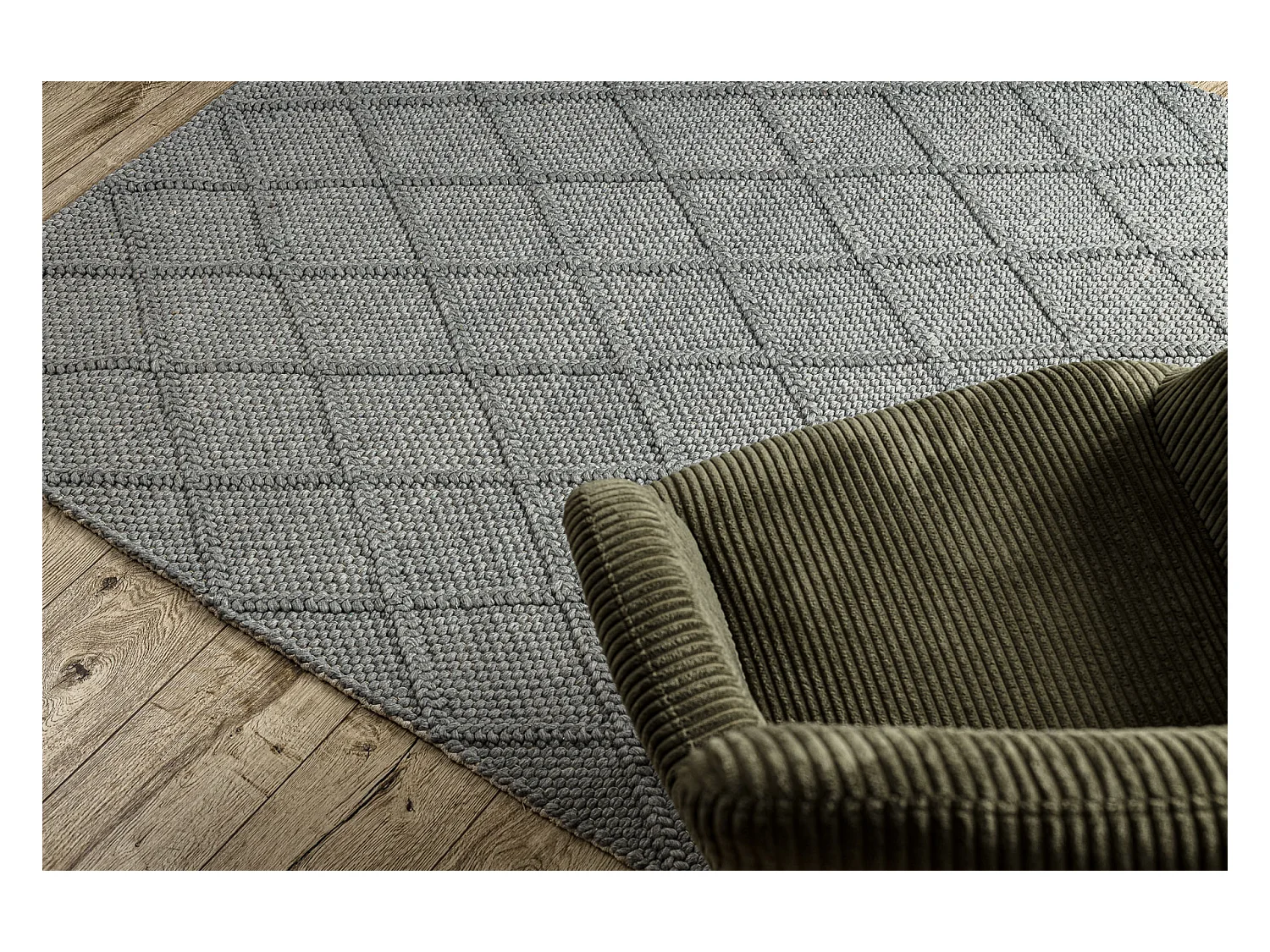 Wollen tapijt TAHAR 99001G grijs - HANDGEWEVEN lus, ruiten, boho 200x290 cm
