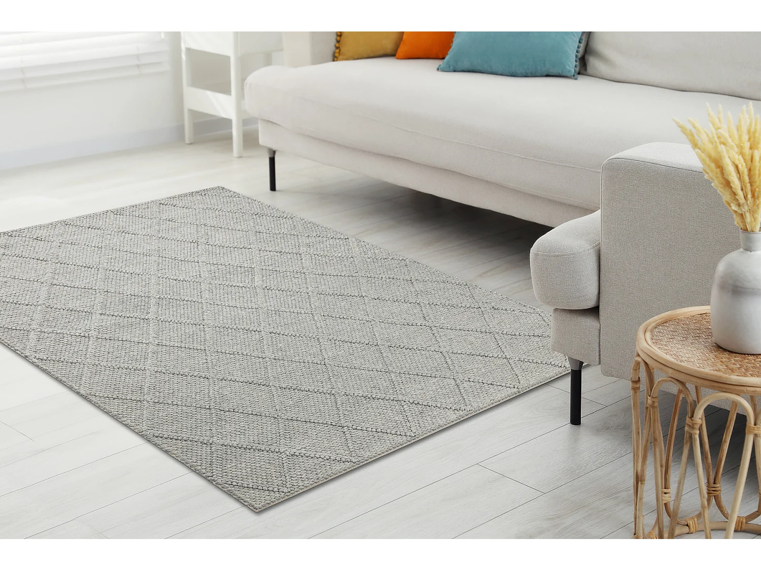 Tapis en laine TAHAR 99001G gris - TISSÉ MAIN boucle, losanges, bohè 120x180 cm