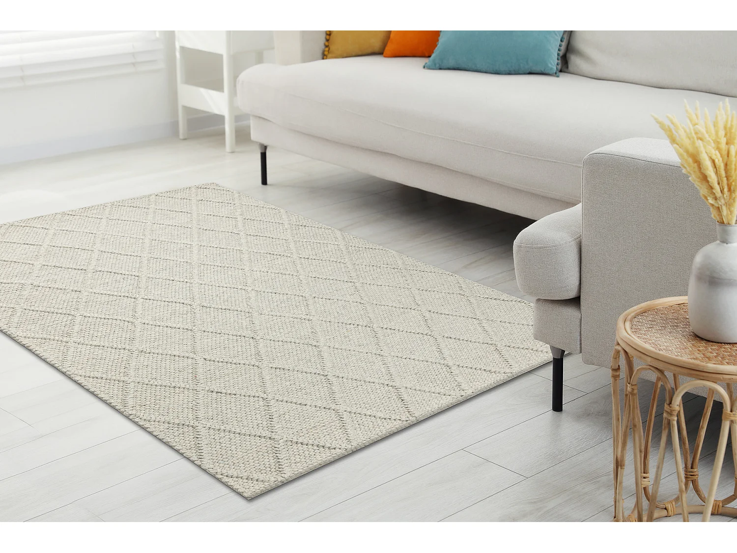 Tapis en laine TAHAR 99001C beige - TISSÉ MAIN boucle, losanges, boh� 200x290 cm