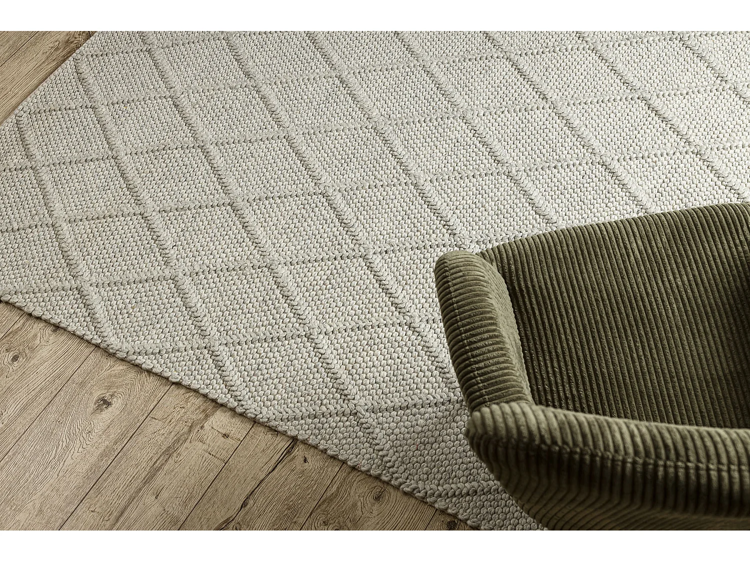 Wollteppich TAHAR 99001C beige - HANDGEWEBT Schlinge, Rauten, Boho 90x150 cm