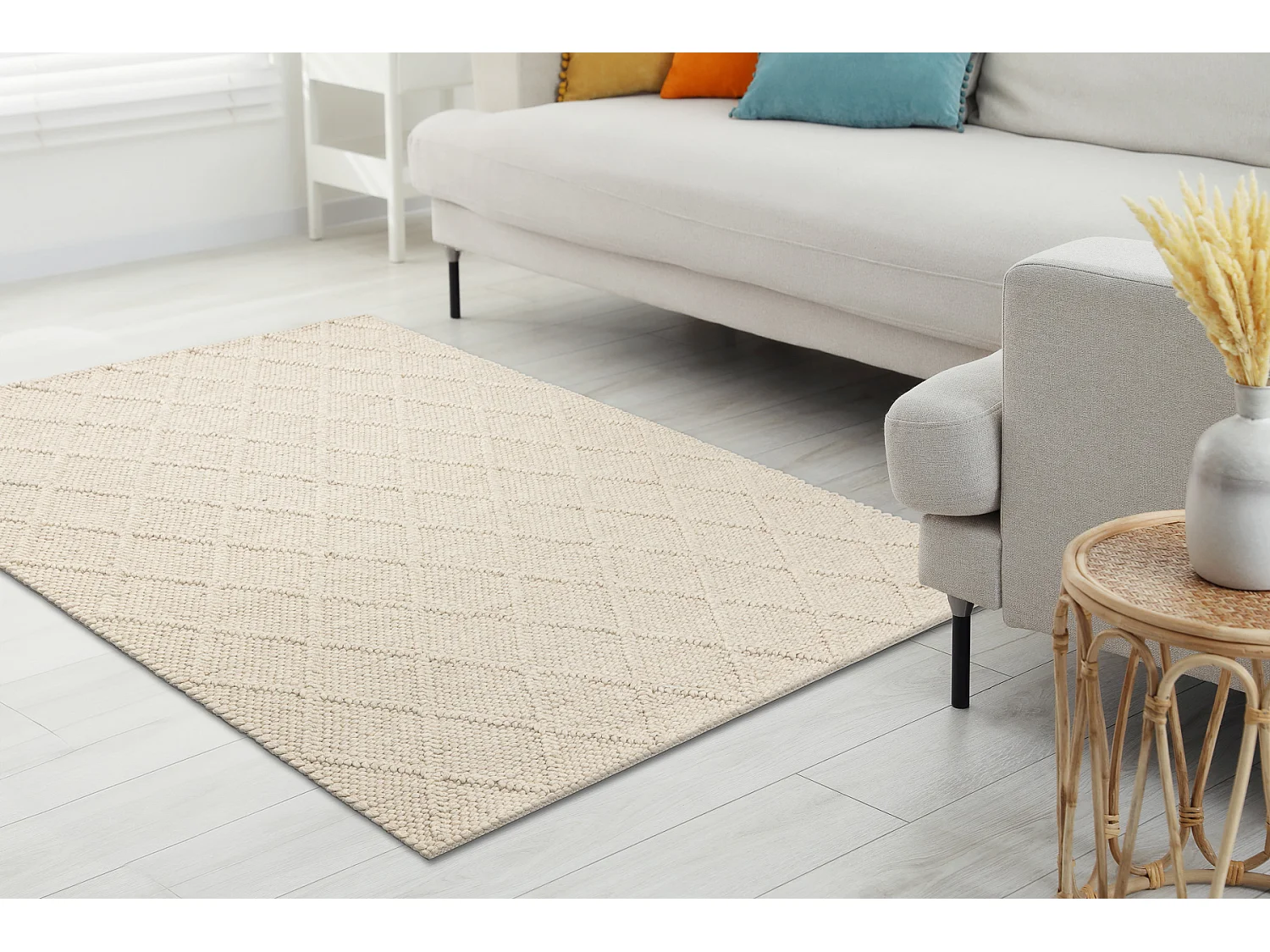 Tapis en laine TAHAR 99001B crème - TISSÉ MAIN boucle, losanges, boh 200x290 cm