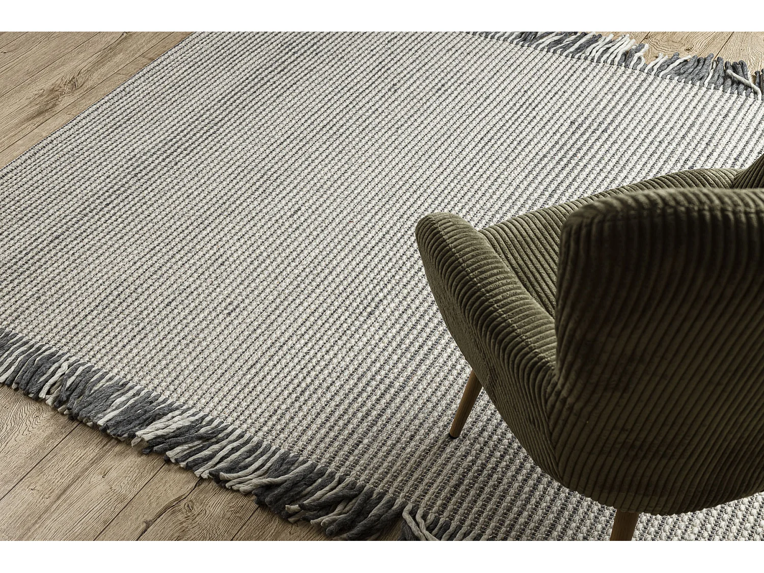 Tapis en laine TAHAR 99003F crème / gris - TISSÉ MAIN Lignes, frange 120x180 cm