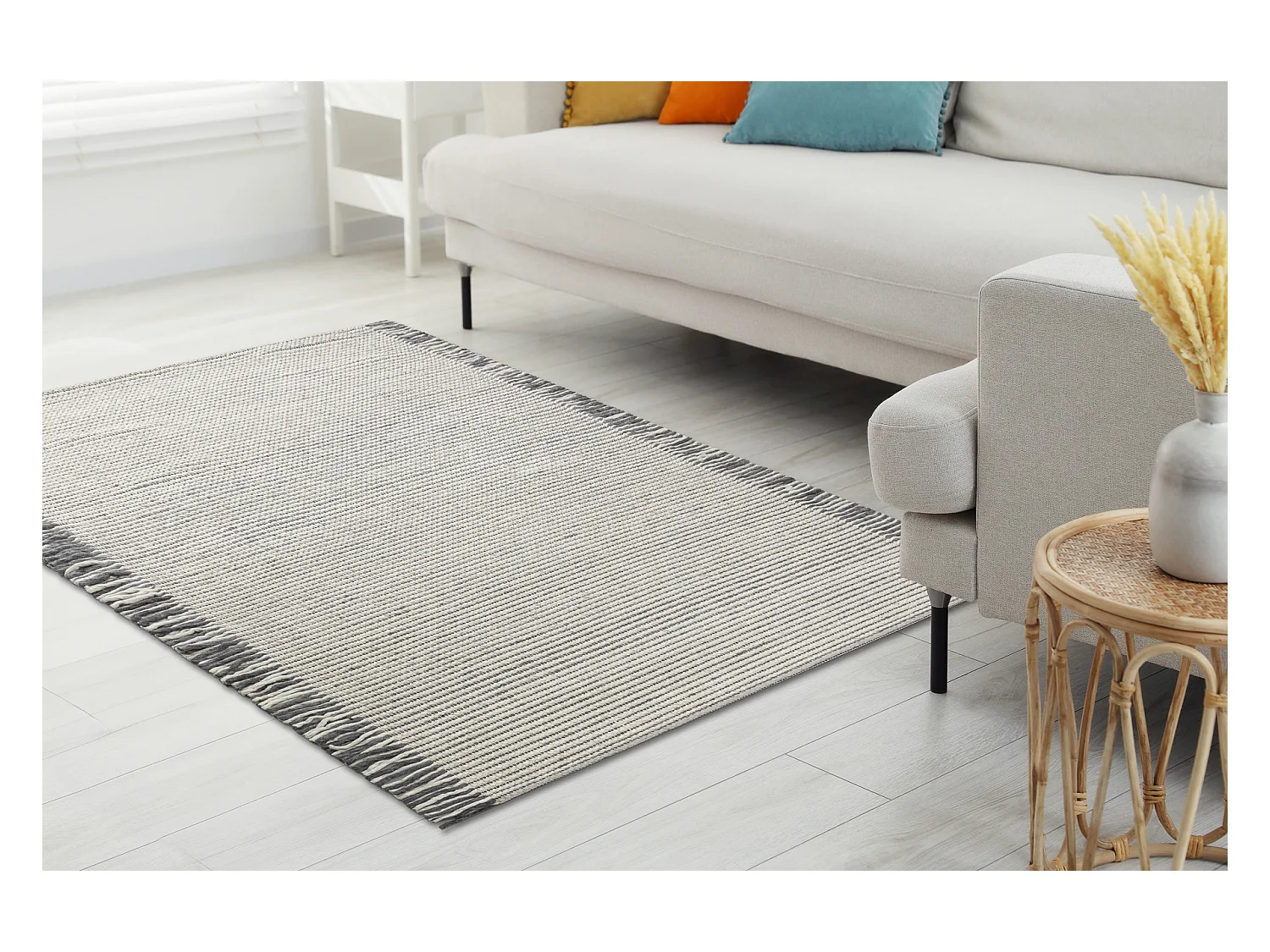 Wollteppich TAHAR 99003F Creme / grau - HANDGEWEBT Linien, Fransen  160x240 cm