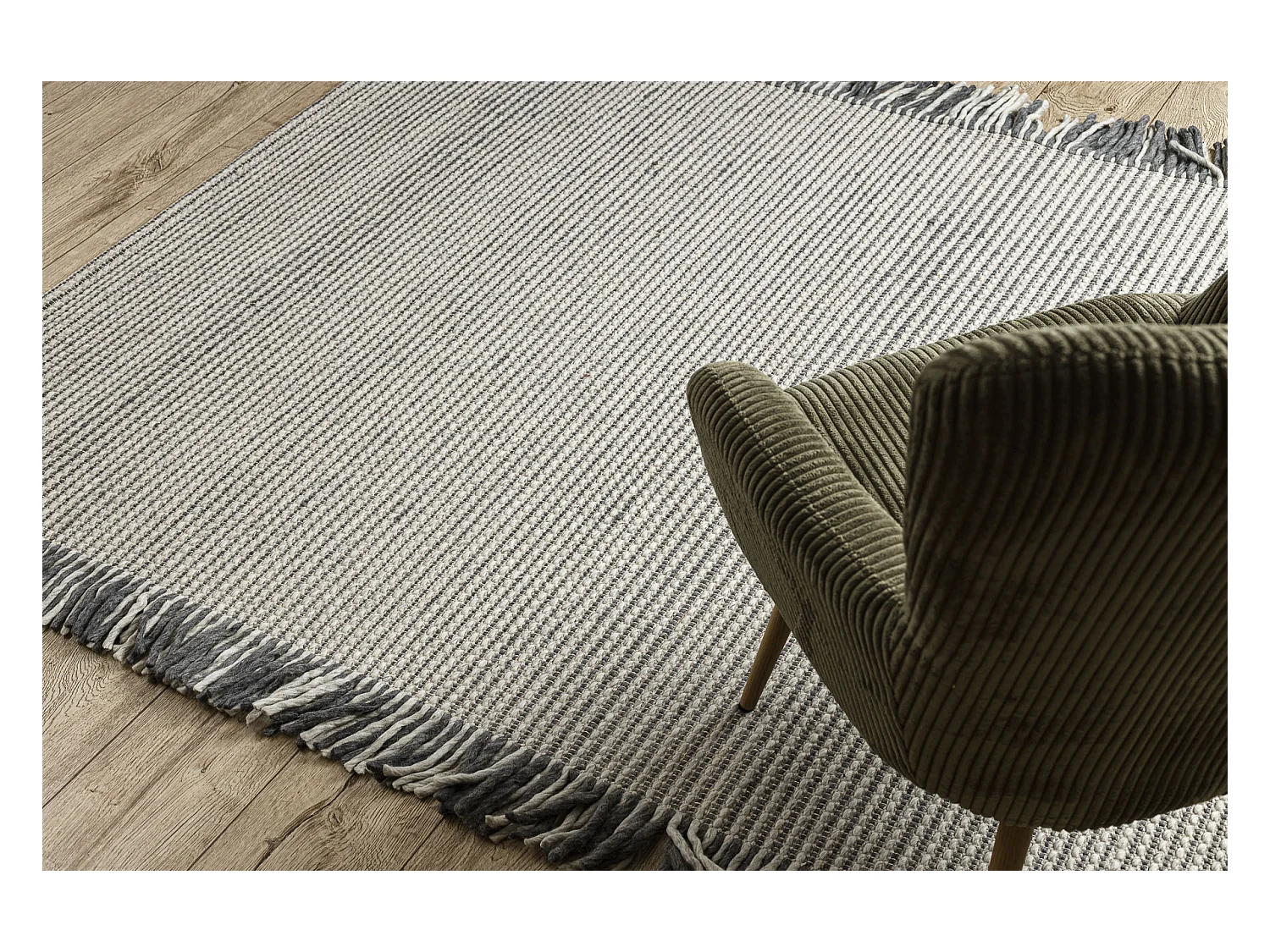 Wollteppich TAHAR 99003F Creme / grau - HANDGEWEBT Linien, Fransen  160x240 cm