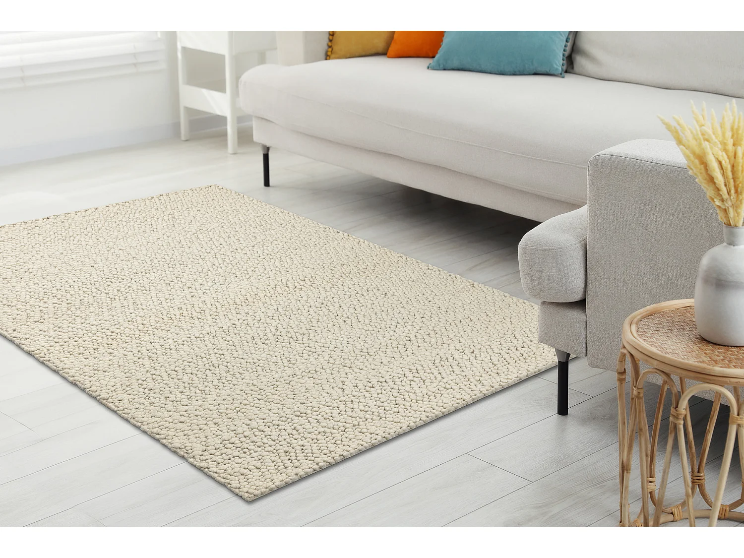 Wollteppich TAHAR 99005B Creme / grau - HANDGEWEBT Schlinge, uniform 160x240 cm