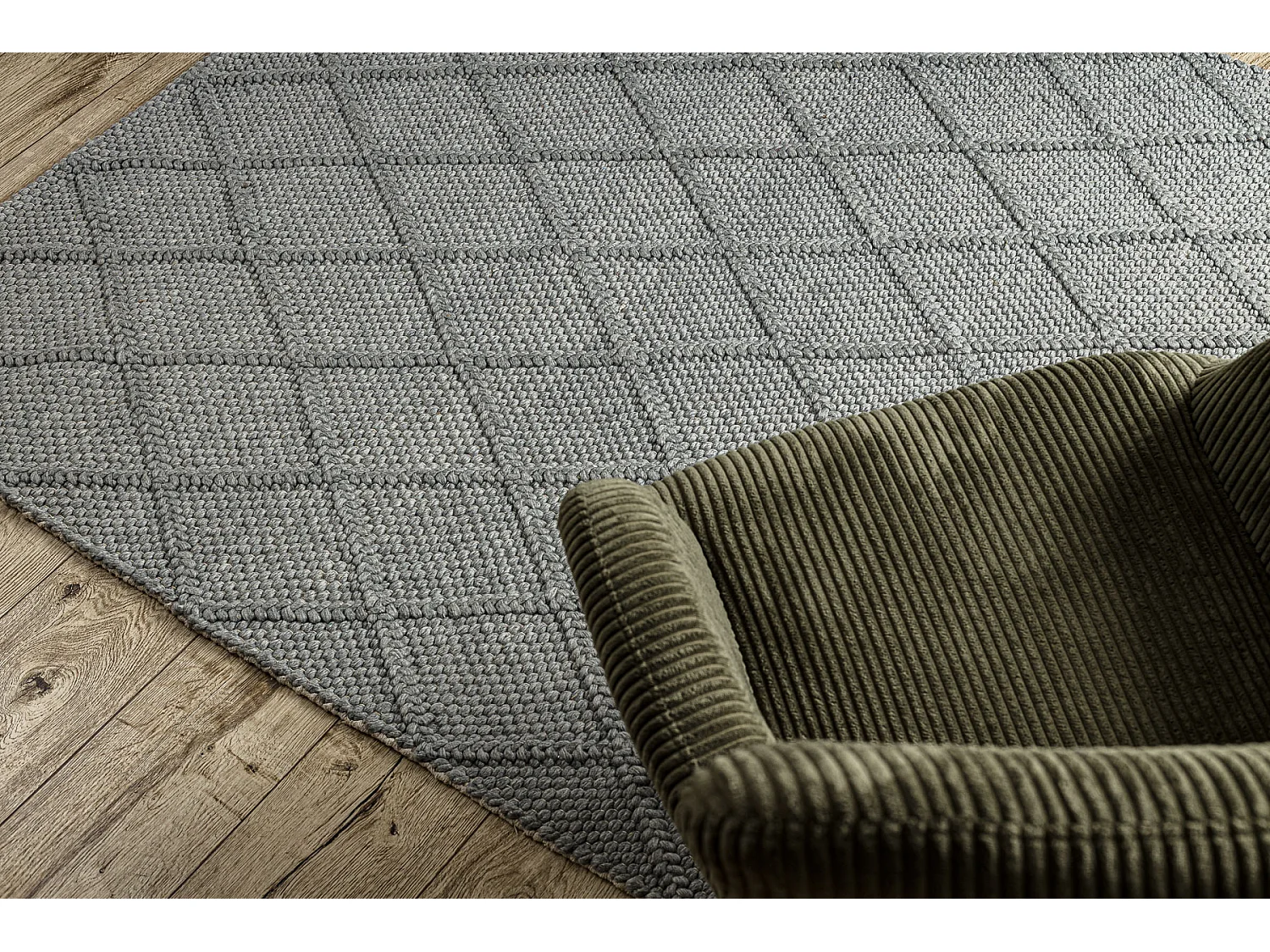 Tapis en laine TAHAR 99001G gris - TISSÉ MAIN boucle, losanges, bohè 90x150 cm