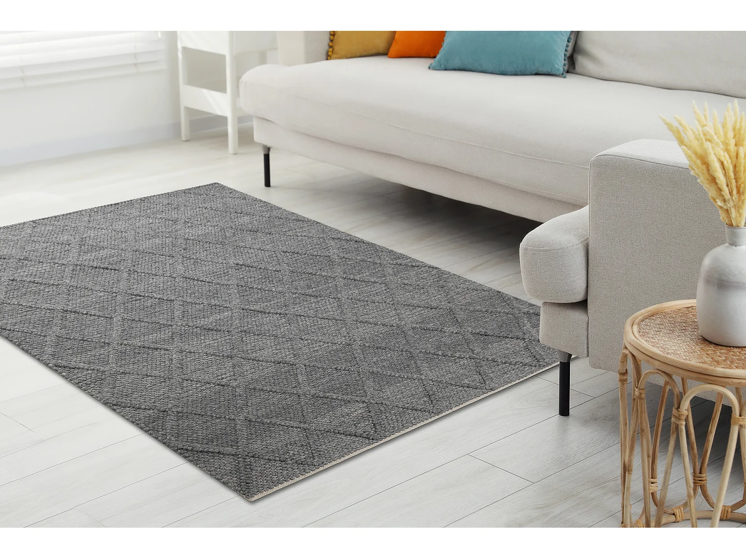 Wollteppich TAHAR 99001K anthrazit - HANDGEWEBT Schlinge, Rauten, Boho 200x290 cm