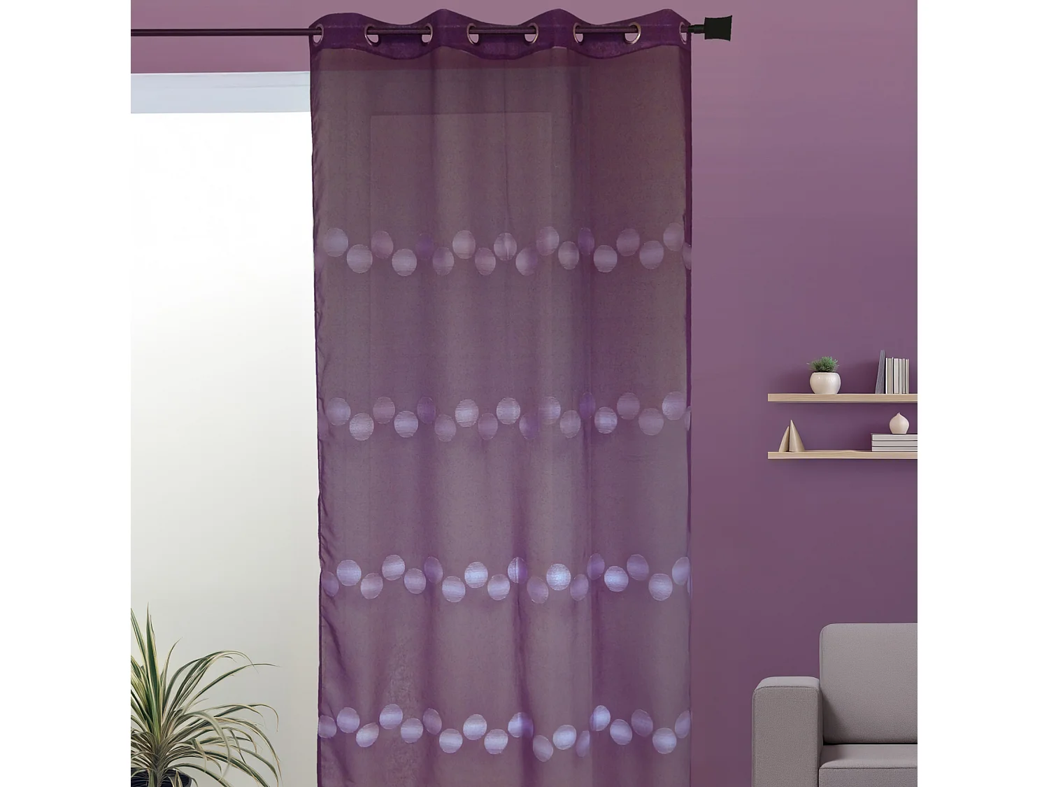 Visillo en Estameña Bordado Luna Llena Ciruela