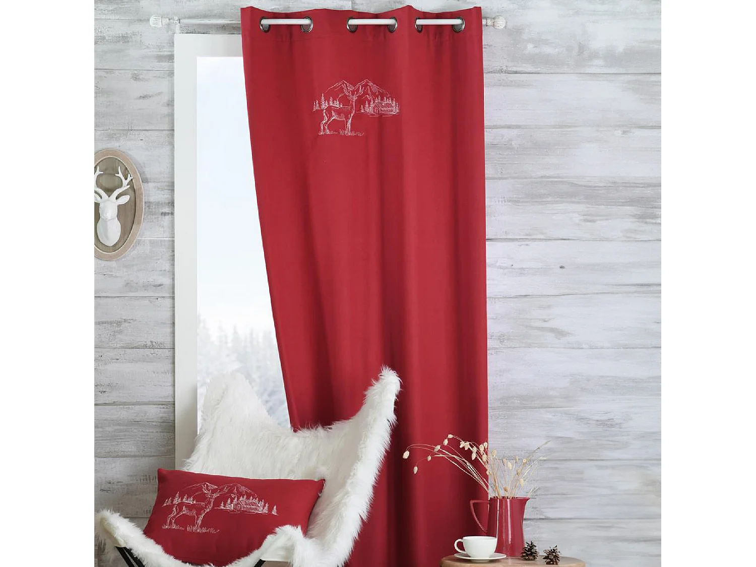 Rideau cerf esprit chalet effet laine brodé