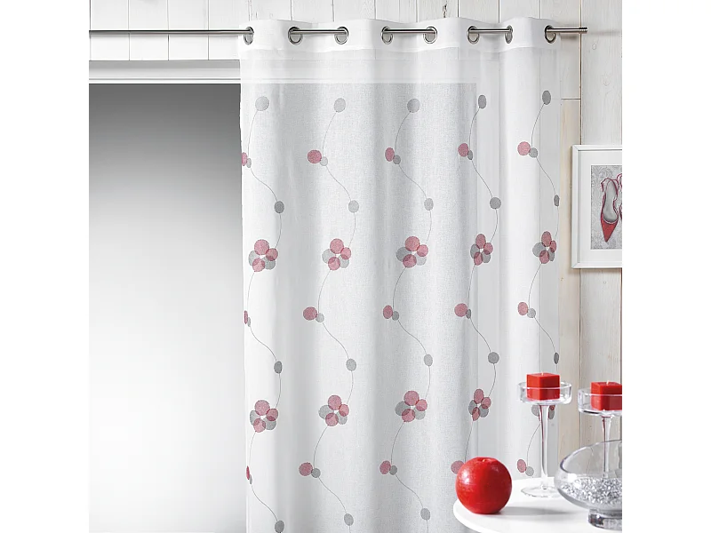 Voilage en étamine brodée lignes et ronds colorés