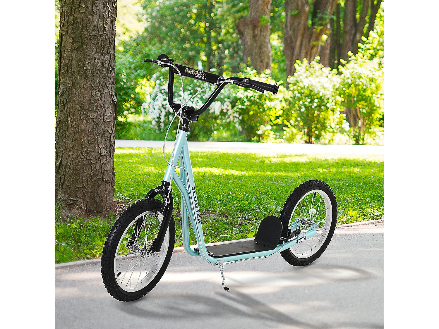 Trottinette patinette pour enfants à partir de 5 ans grands pneus guidon réglable poignée frein et béquille acier bleu